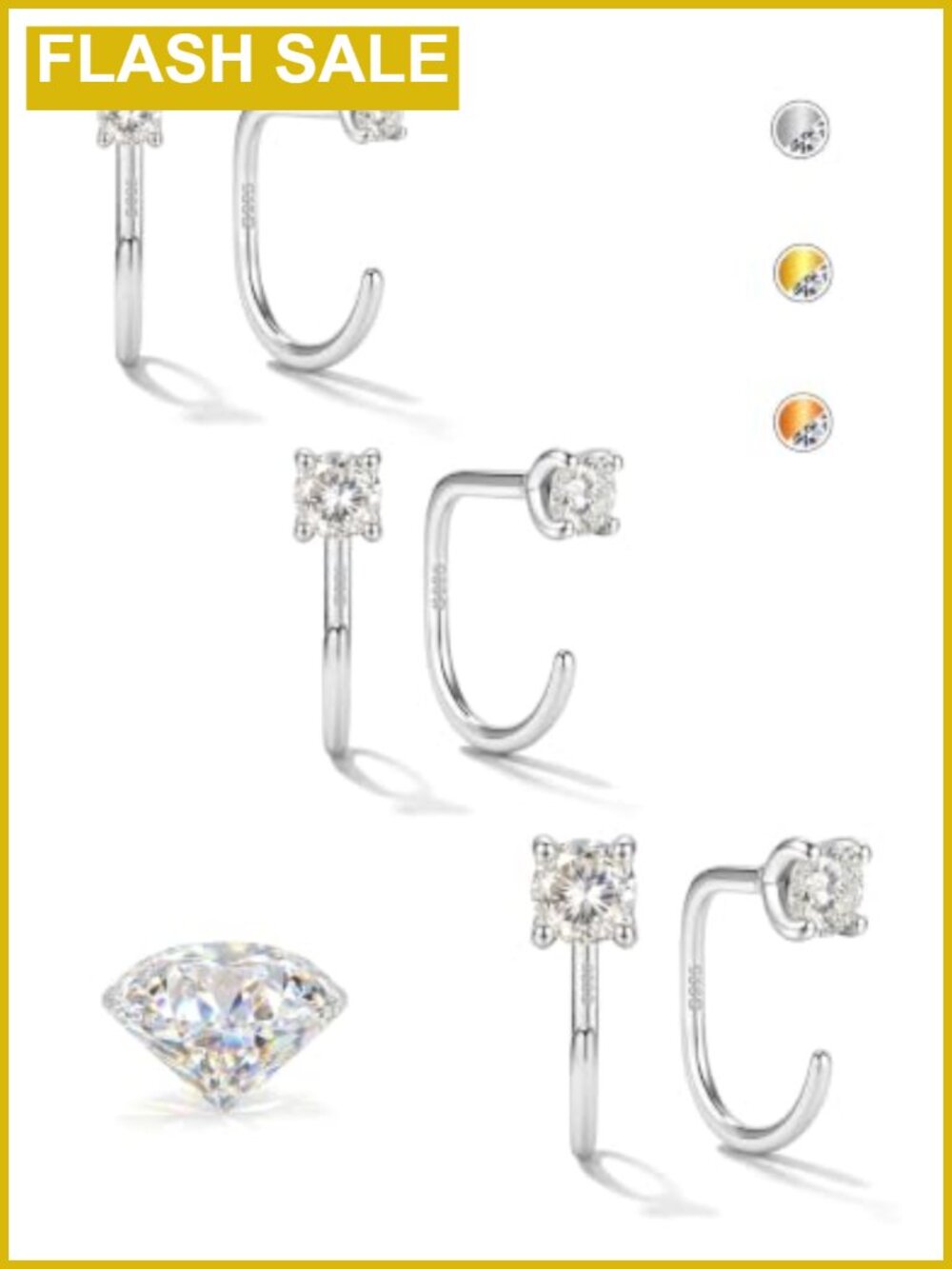 Moissanite Half Hoop Earrings 925 Sterling Silver, 2-4mm